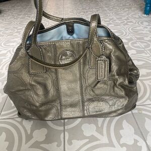 Coach Metallic Leather Handbag pewter kisslock